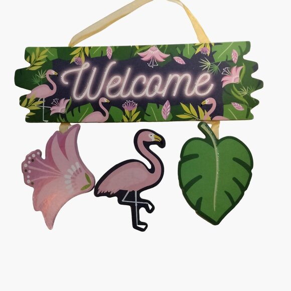 Welcome Sign Flamingo Flower Leaf Colorful Tropical Coastal Tiki Decor - Picture 2 of 6